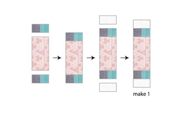 15. Sew aqua/gray squares units to both short ends of two pink 3 1/2 x 6 1/2 rectangles. Press toward the pink. 16.