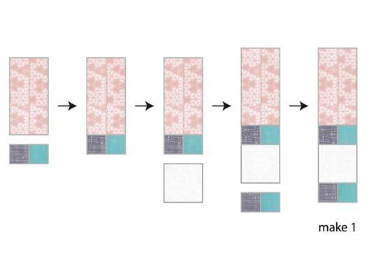 Sew aqua/gray squares units to both ends of a third pink 3 1/2 x 6 1/2 rectangle. Press toward the pink. 18. Sew white 3 1/2 x 2 rectangles to both ends of the unit made in step 17, as shown below.