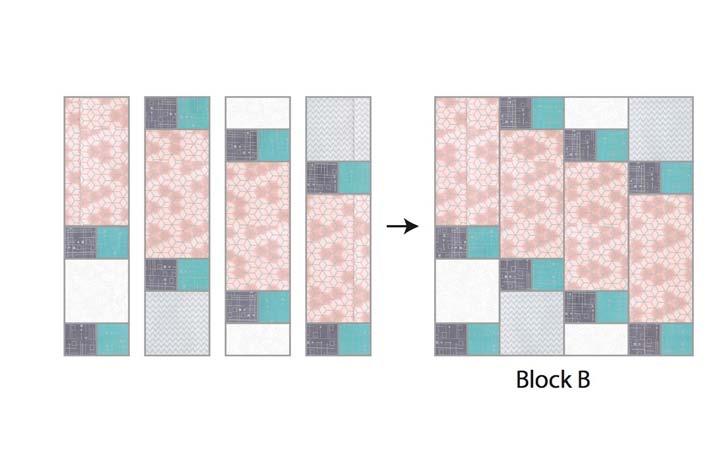22. Arrange the block B units sewn in steps 14-21 as shown below. 23. Sew the units together to complete block B. Press all seams open. 24.