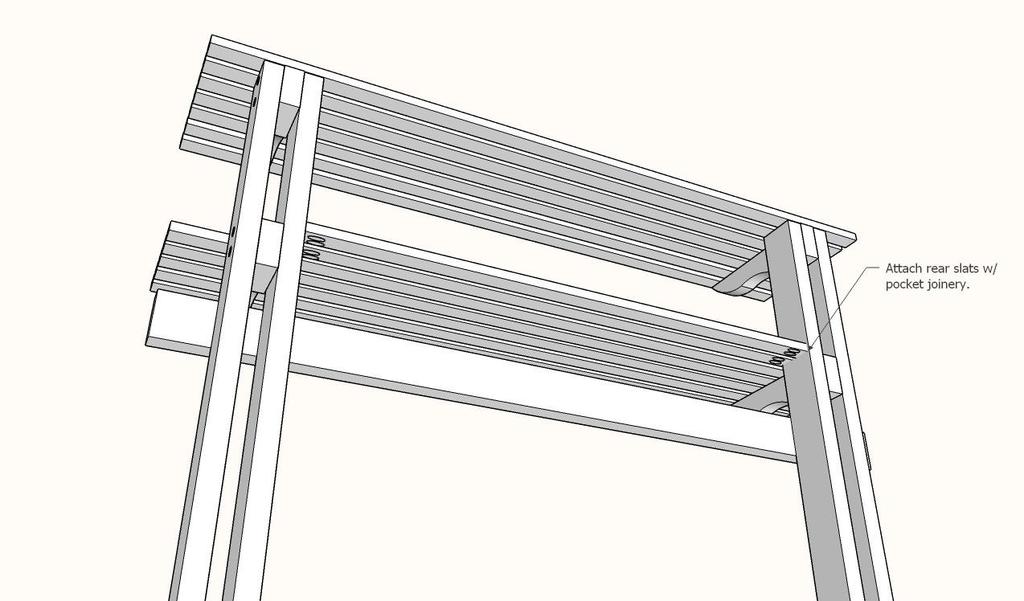 STEP 6: For the remaining slats on the lower shelf, drill ¾ pocket holes into the ends of the 1x2 slats.