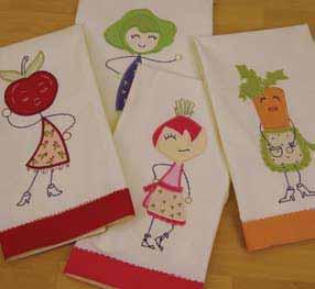 Towel Pack Made with detailed embroidery and applique, these sisters add style and sass to any kitchen. Set of 4 towels.