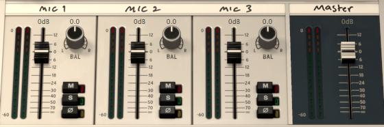 10 Levels Modules Everything in this section occurs post-reverb and post-gate/compressor processing. The Master channel sums the three mic channels. Figure 8: Levels Modules 10.