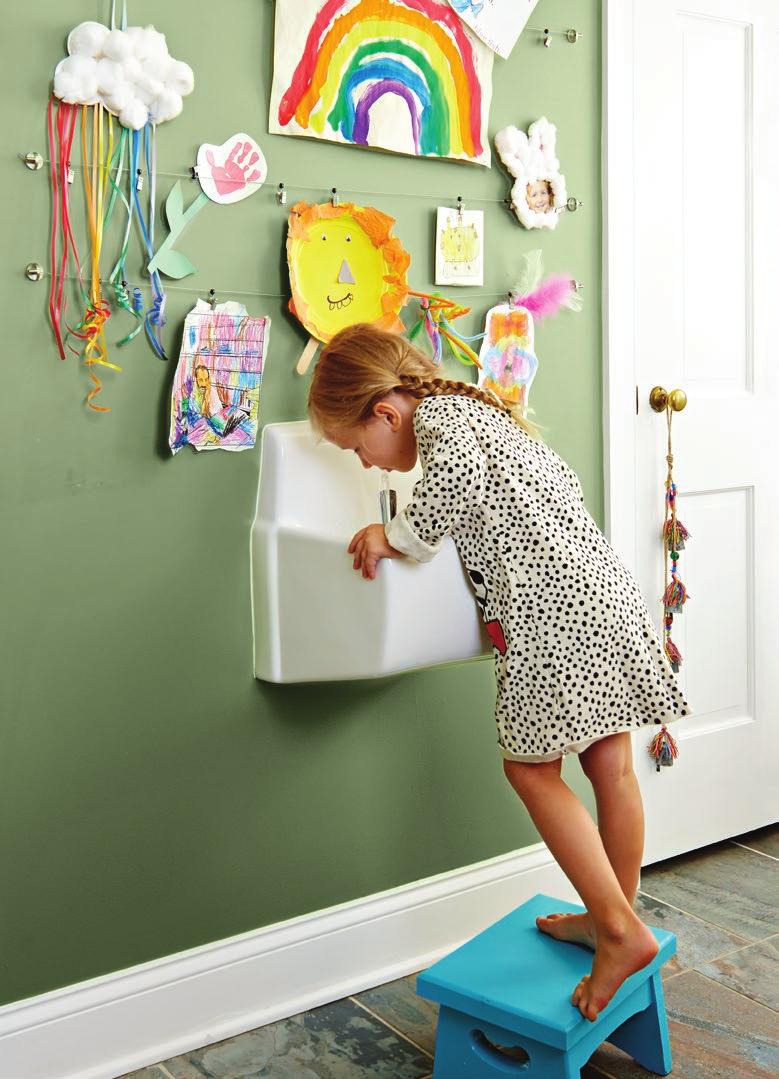 A wall-mount water fountain became a surprise time-saver; the kids and their friends get sips without Carrie having to fill glasses.