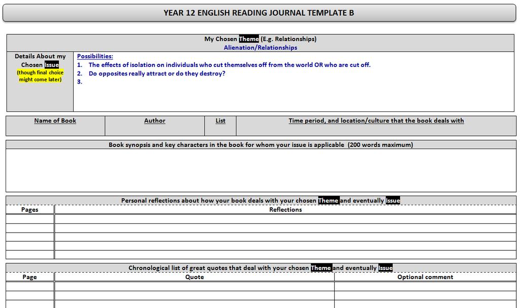 ANOTHER POSSIBLE TEMPLATE FOR KEEPING A JOURNAL (Note: your teacher