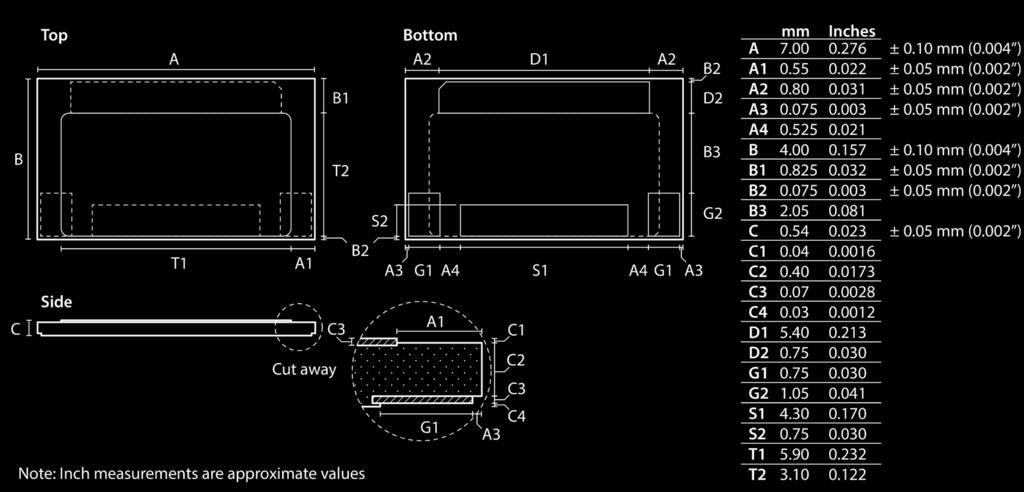 Package Dimensions Surface Finish: ENIG Ni: 4.5 µm +/- 1.5 µm Au: 0.09 µm +/- 0.03 µm Recommended Minimum Footprint for Printed Circuit Board www.gansystems.