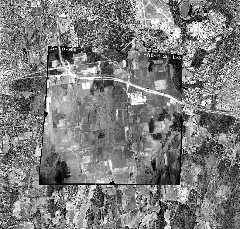 Figure 5. This image shows a rectified 1962 aerial photo atop a 2011 aerial photo. The 1962 image has been stretched to the dimensions of the 2011.