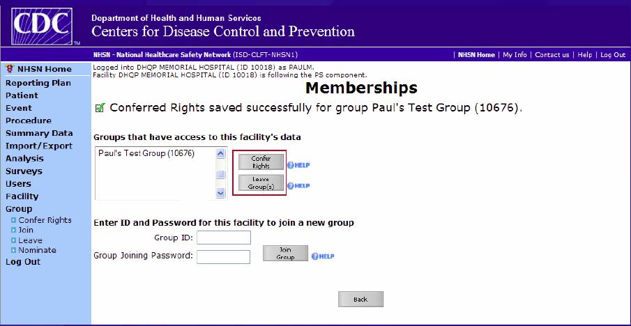Leaving the HRET Group If at any point, you do not want your hospital to share the CDC data with HRET, click on the group name and click on Leave Group.