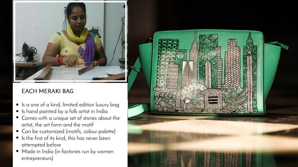EACH MERAKI BAG Is one of a kind, limited edition, luxury bag Handpainted by a folk artist in India Unique stories about the art