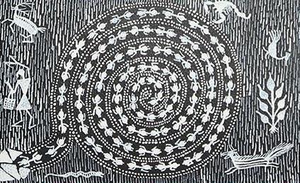 STORYTELLING - THE ART ( Bhon Painted by Anil Wangad, a Warli artist working with Meraki) When pralay (catastrophe) arrives, everything will be submerged and all the plants will be washed away.
