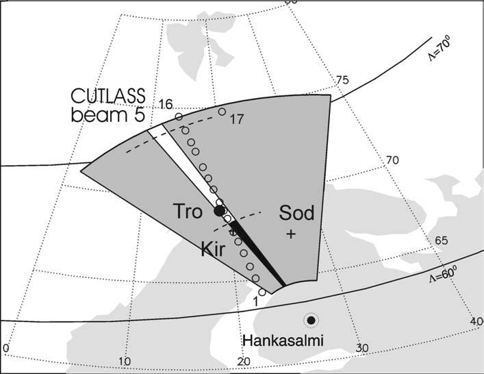 Figure 4.8 The overall CUTLASS Hankasalmi radar field of view and the location of beam 5, the sector consisting of the black and white parts.