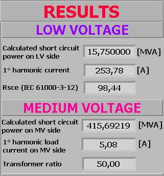 4.3. Calculated Plant Data The plant data based on the input data: Grid short-circuit power (both LOW VOLTAGE and MEDIUM VOLTAGE side); RMS value of the first harmonic current caused by the