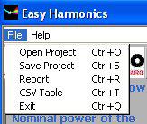 5. MENU BAR The Easy Harmonics software includes two menus: the File menu and the Help menu. 5.. File Menu The File menu includes 5 submenus, one for each of the following functions.