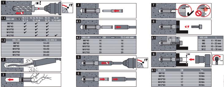 Setting instruction For HSC-I: fastening carbon steel screw or threaded rod. Minimum strength class 8.