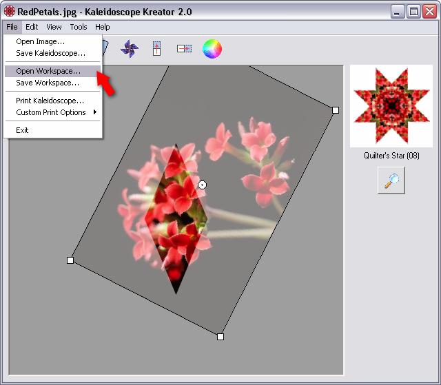 3.12 Open Workspace When you open a previously-saved workspace, the image size, position, orientation, kaleidoscope shape, pinwheel mode setting and background color from that workspace are restored.