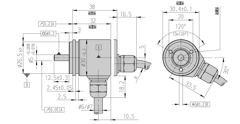 DIMENSIONED DRAWINGS Synchro flange, cable <> axial <2> radial <4> mounting thread M3x5 Cable bending radius R for