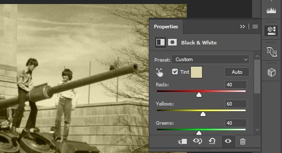 6) From the adjustment layer options click the Tint option to turn on an old-fashioned sepia toned look. 7) Click the colour box next to the Tint option to try different colour tints.