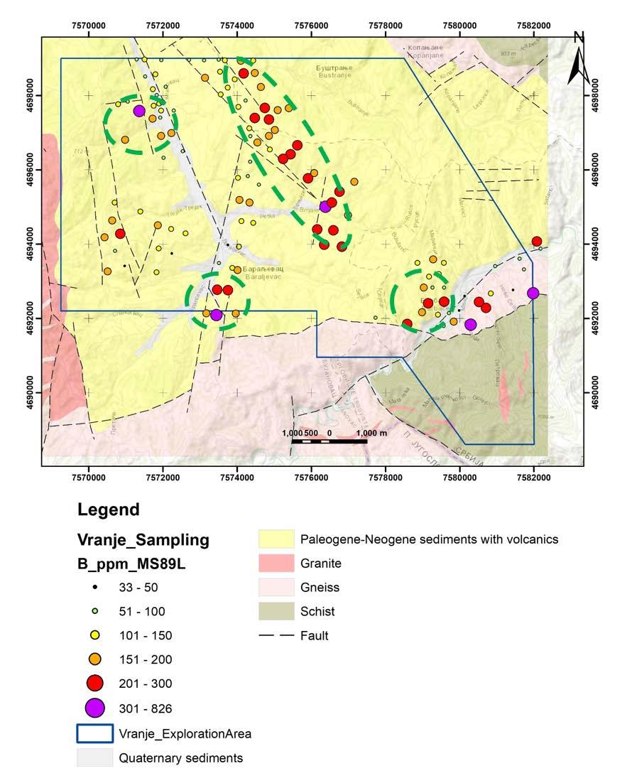 Figure 2 - Vranje-South geology, soil sampling positions and Boron results Planned activities for current Quarter: Infill sampling of the target areas and step-out soil sampling across the entire