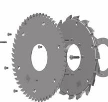 Steel tool body with HW circular sawblade and hogger elements mounted on flanged sleeve. Can be extended for larger hogger widths. Single sided bevel tooth shape reduces tear outs.