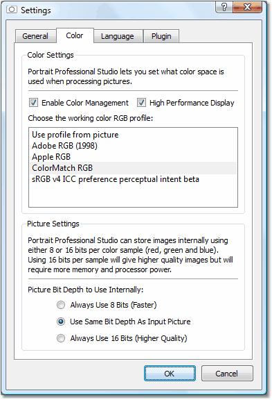 48 3.3.2.2 Portrait Professional 9 Color Settings To bring up this dialog, select File > Settings menu command and the Color tab.