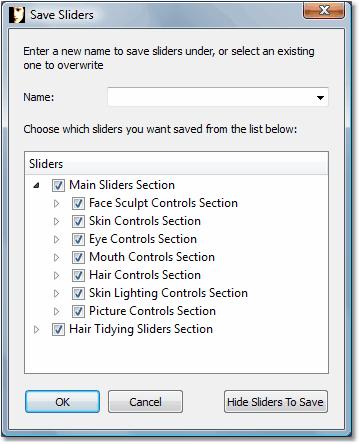 If you enter the name of an existing Saved Sliders setting, it will be replaced. By default, all slider values are saved.