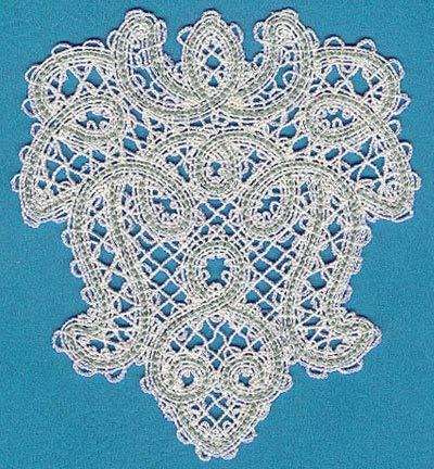 Battenburg lace designs are embroidered onto water-soluble stabilizer.