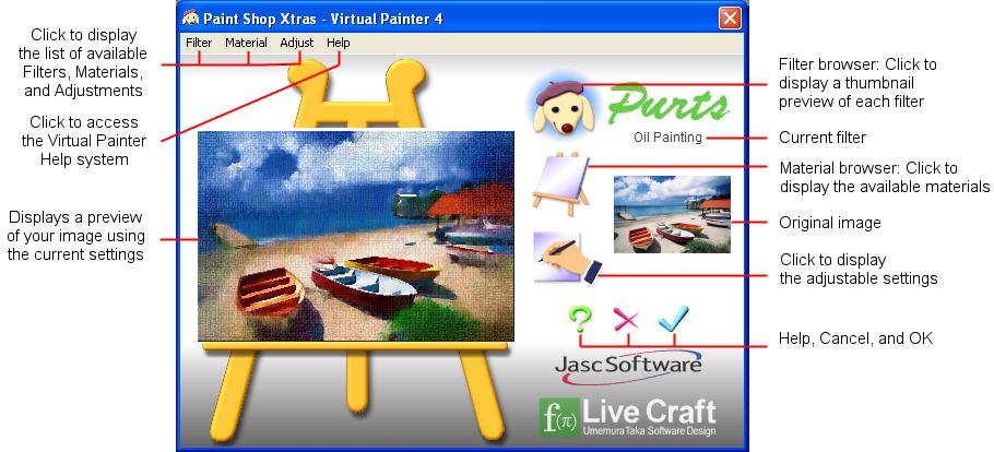 Get to Know the Virtual Painter 4 Dialog The graphic below points out the main elements of the Virtual Painter 4 dialog.