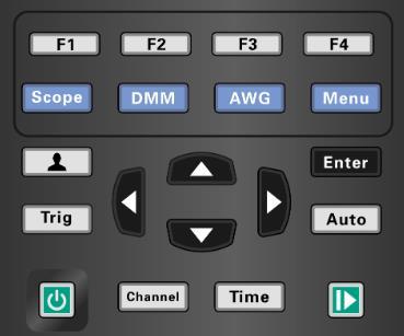 Menu and Control Keys All the keys are described as follows: Scope: Oscilloscope mode. DMM:Multimeter mode. AWG:Waveform generator. Menu:Function menu. Trig:Trigger setting menu.