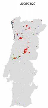 Figure 10 shows the spatial distribution of the results, where we may see that there is an overall good agreement between modelled burnt areas and observed ones (red pixels), especially in what