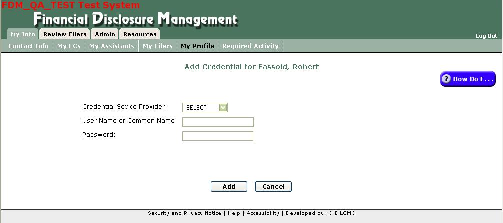 By Clicking Add Login Credential, the Add Credential Screen is displayed.