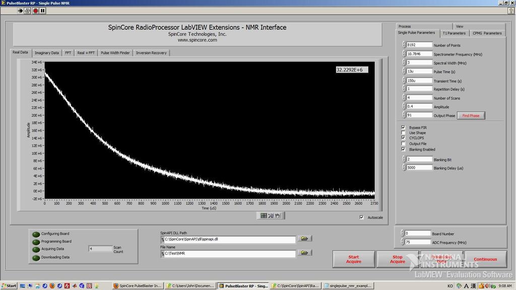 XII. LabVIEW NMR Interface Overview of SpinCore LabVIEW GUI Interface SpinCore has developed an easy-to-use LabVIEW Graphical User Interface (GUI) that combines the Single Pulse NMR, T1 Inversion