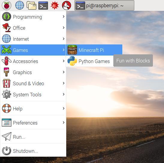 Introduction Running minecraft and getting things started If you navigate to the upper menu where the Raspberry Pi logo is, you ll find a navigation bar called Games.