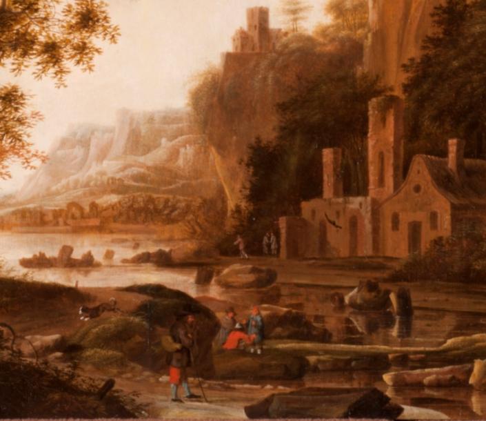 In the center of the composition, the viewer can see the river that goes stretches throughout the work.