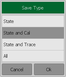 ANALYZER DATA OUTPUT To save the Analyzer state use the following softkeys Files > State > Save Sate. To set type of saving click on Save Type field. Select type in Save Type dialog and click Ok.