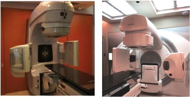 Figure 4.1: The kv CBCT systems used in this study, left: the Varian OBI, right: Elekta XVI. 4.1 The Varian R OBI System In this study, two different units of the Varian OBI were used: one was installed in 2009 (Clinac 5) and the other was installed in 2011 (Clinac 4).