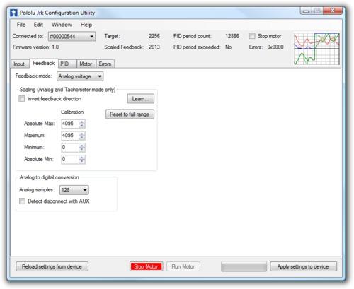 3.c. Feedback Options The Feedback tab of the Jrk Configuration Utility The Feedback tab of the jrk configuration utility controls the measurements of the output of the control system.