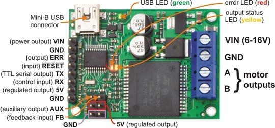 Pololu jrk 12v12 USB motor controller with feedback, labeled top view. The Pololu jrk USB motor controller can connect to a computer s USB port via a USB A to mini-b cable [http://www.pololu.