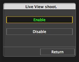 Click the [ ] button. 5 Set the Live View function. Click [Live View/Movie func. set.], and click [Enable] in the [Live View shoot.] window that appears. Live View shoot.