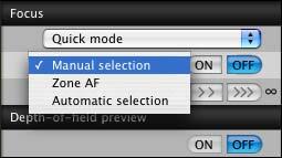Select an AF point selection method from the list box. Click the [ON] button. Selectable items differ depending on the camera settings. Click the AF point in the position where you want to focus.