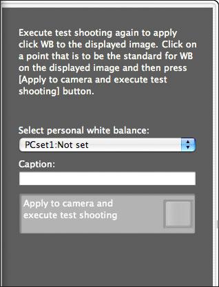 Click the [ ] button. The click white balance window appears. Click white balance window Click the [Apply to camera and execute test shooting] button.