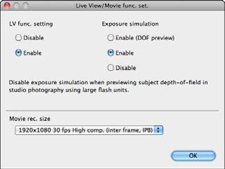 When setting the movie recording size, click [Live View/Movie func. set.], and display the [Live View/Movie func. set.] window before setting.