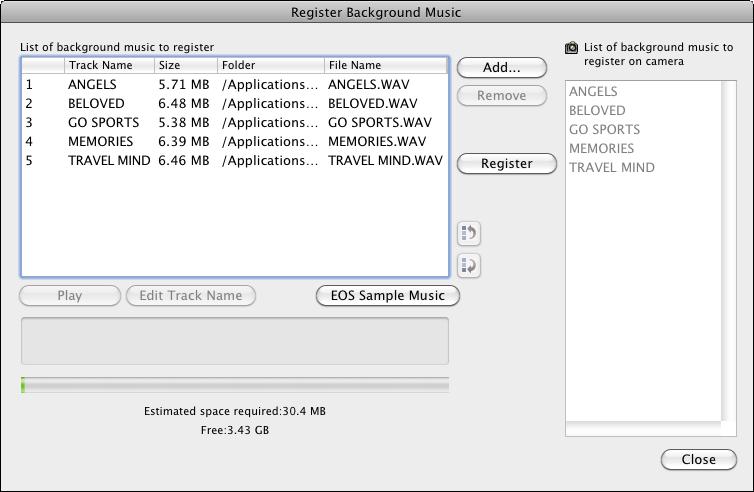 Adding EOS Sample Music Click the [EOS Sample Music] button. The EOS Sample Music on your computer is added to [List of background music to register].