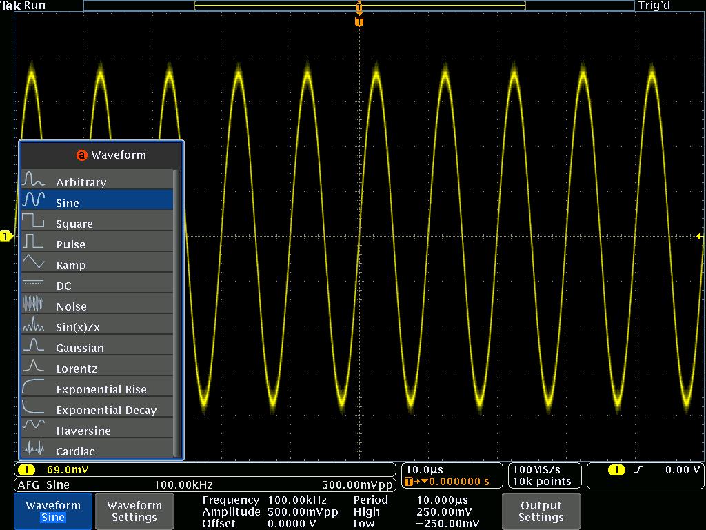 Datasheet The integrated function generator provides output of predefined waveforms up to 50 MHz for sine, square, pulse, ramp/triangle, DC, noise, sin(x)/x (Sinc), Gaussian, Lorentz, exponential