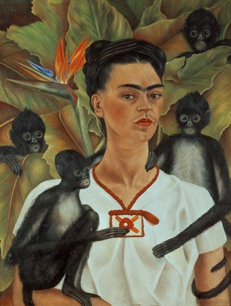 "Self Portrait with Monkeys," 1943, oil on canvas. This painting was done during her most productive periods of her career. This too has a tropical plant background common among her paintings.