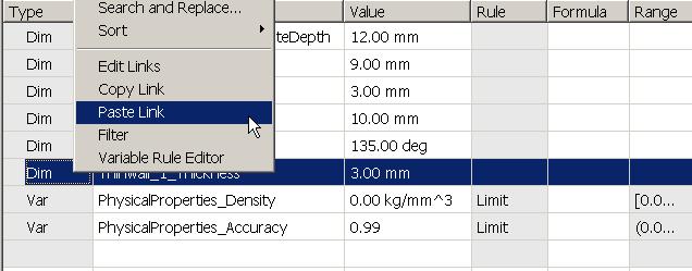 Select Paste Link. Notice the link placed in the formula field for the wall thickness variable for back.par.
