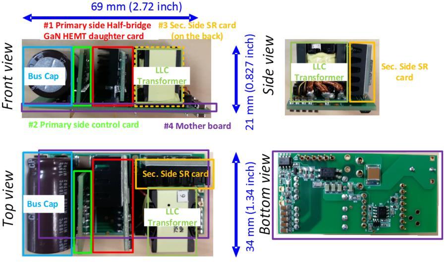 Fig. 8. Primary side digital controller daughter card PCB layout (top) and pictures (bottom) 3) PCB board #3: Secondary side synchronized rectifier daughter card (20mm (L) 17mm (W)).