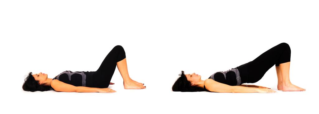 1. Bridge your spine. Push your feet into the floor and allow your pelvis to lift.