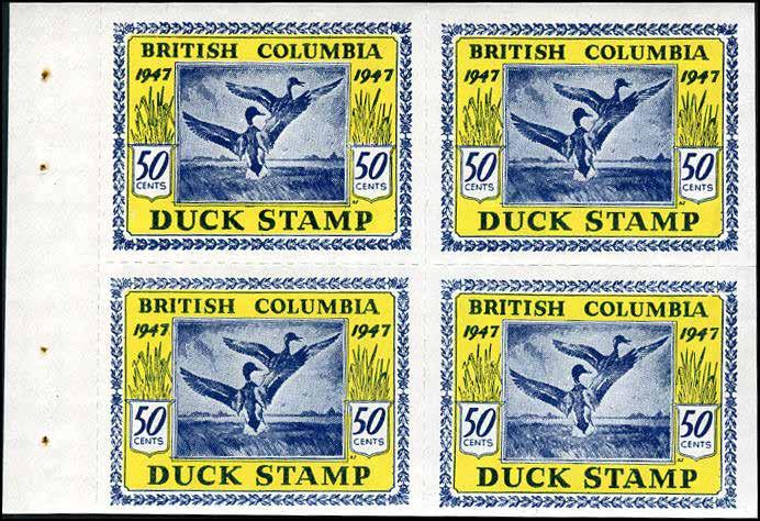 1948 British Columbia DUCK STAMP complete VF unused booklet pane of 4, no gum.