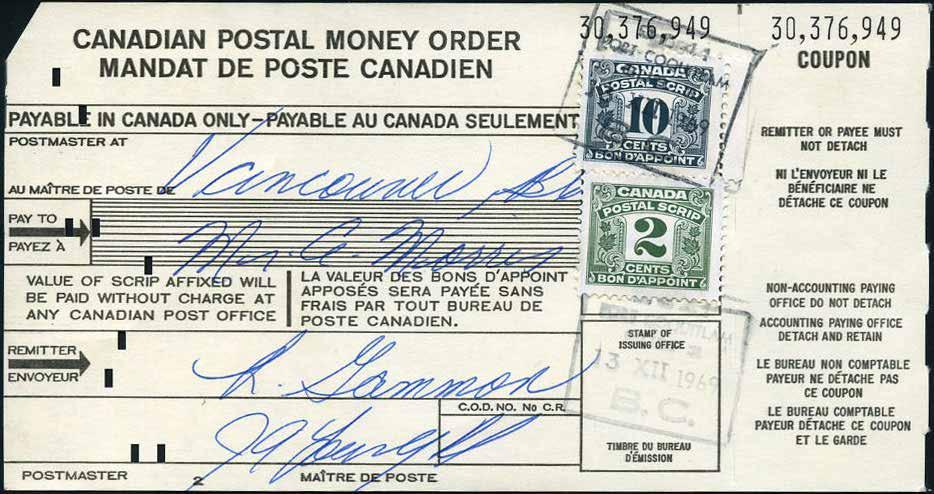 December 13, 1969 rather late usage of Canadian postal money order with FPS24-2c + FPS32-10c affixed.