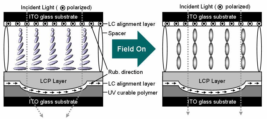 linearly polarized light is focused after passing through the lens-shaped boundary between UV curable polymer and LCP layer due to the light refraction effect from different refractive indexes of
