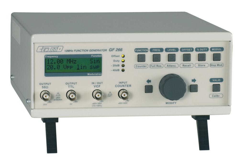 FUNCTION GENERATOR EAN CODE : 3760244880451 12 MHZ DDS + RS232 + + (USB or LAN)* GF 266 PRECISE : Very high frequency accuracy (0.005%) with display over 4 or10 digits.